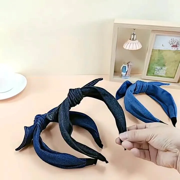 New Simple Temperament Denim Fabric Headband Art Variety of Rabbit Ears Bow Tie Hair Band