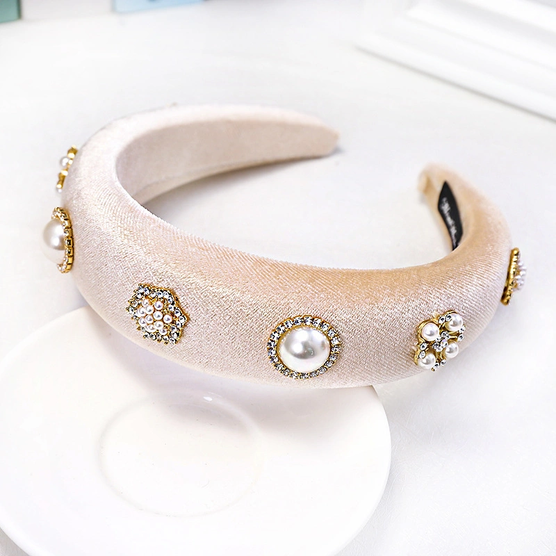 Hot Sponge Wide Edge Hair Band Simple and Versatile Pearl Rhinestone Velvet Headband