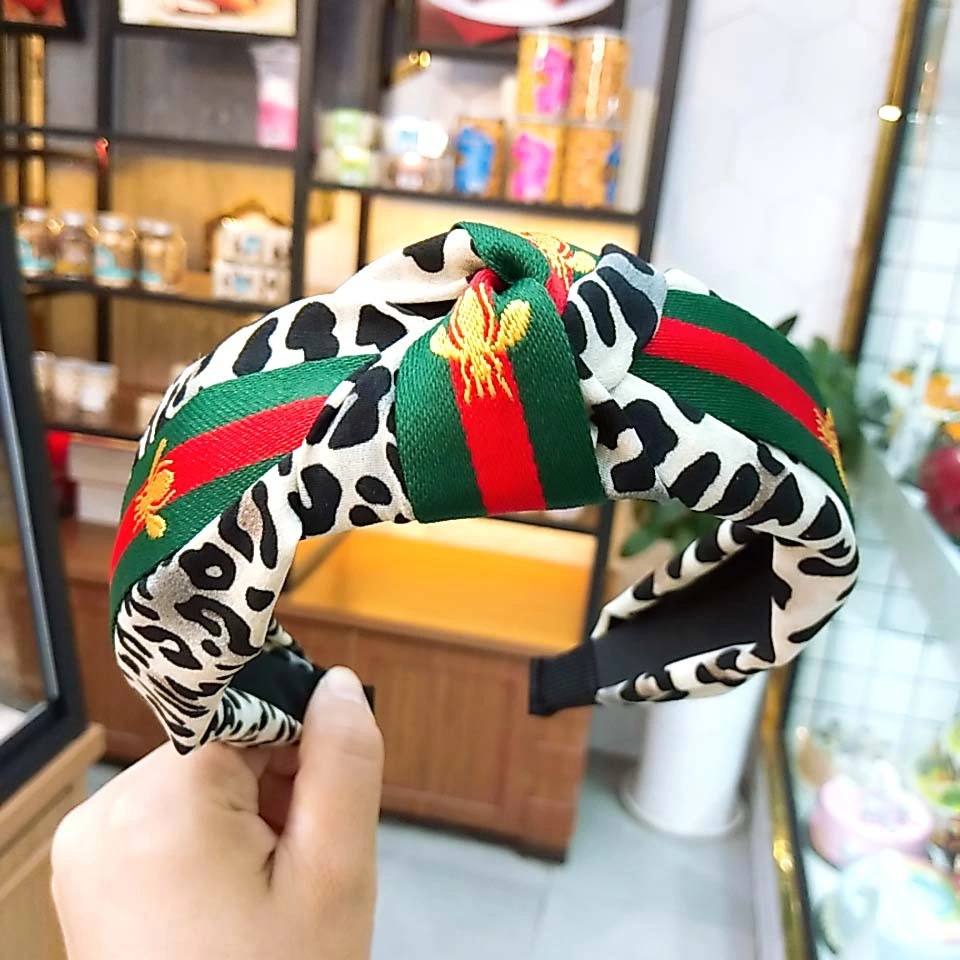 Wholesale Fashion Retro Leopard Printing Fabric Headdress Wide Side Stitching Solid Color Stripe Cloth Cross Knotted Hair Bands