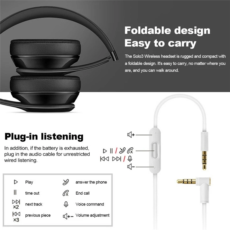 Solo3 Wireless Bluetooth 3.5mm Jack Headphones on Ear Gaming Headset Music Earphones for Beats Hands-Free with Mic Fone De Ouvido