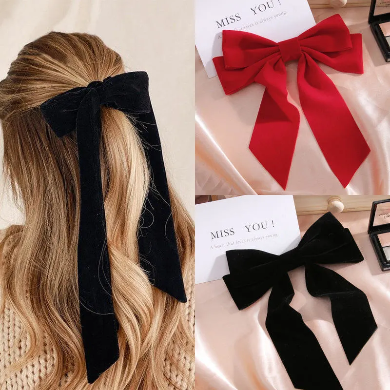 Vintage Black Big Large Velvet Bow Hair Clip Girls Wedding Long Ribbon