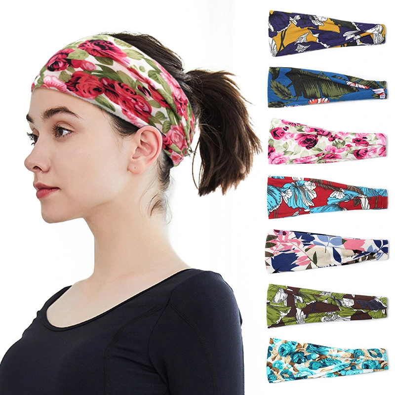 European and American Women Exercise Headband Yoga Headband Sweat Absorbing Band Antiperspirant Wide-Brimmed Printed Headpiece