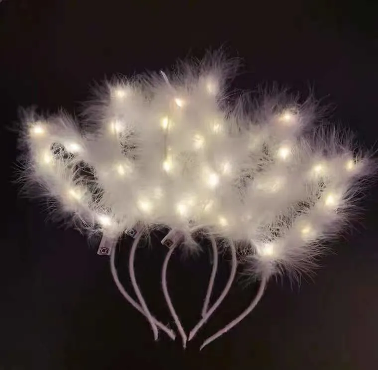 Glowing Feathered Rabbit Ears Glowing Plush Gold Wire Cat Ear Headband