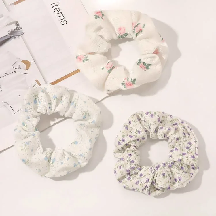 Cotton Fabric Large Intestine Hair Scrunchies Floral White Elastic Hair Band