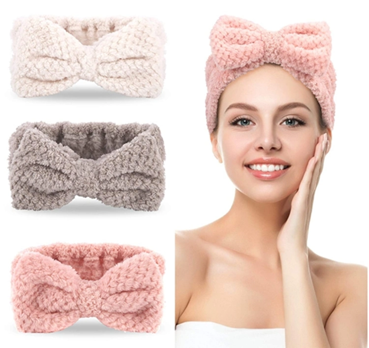 Personal Care OEM 4 Different Colors Coral Fleece Makeup Bath Hair Band Fluffy Bow Women Headband Hair Accessories