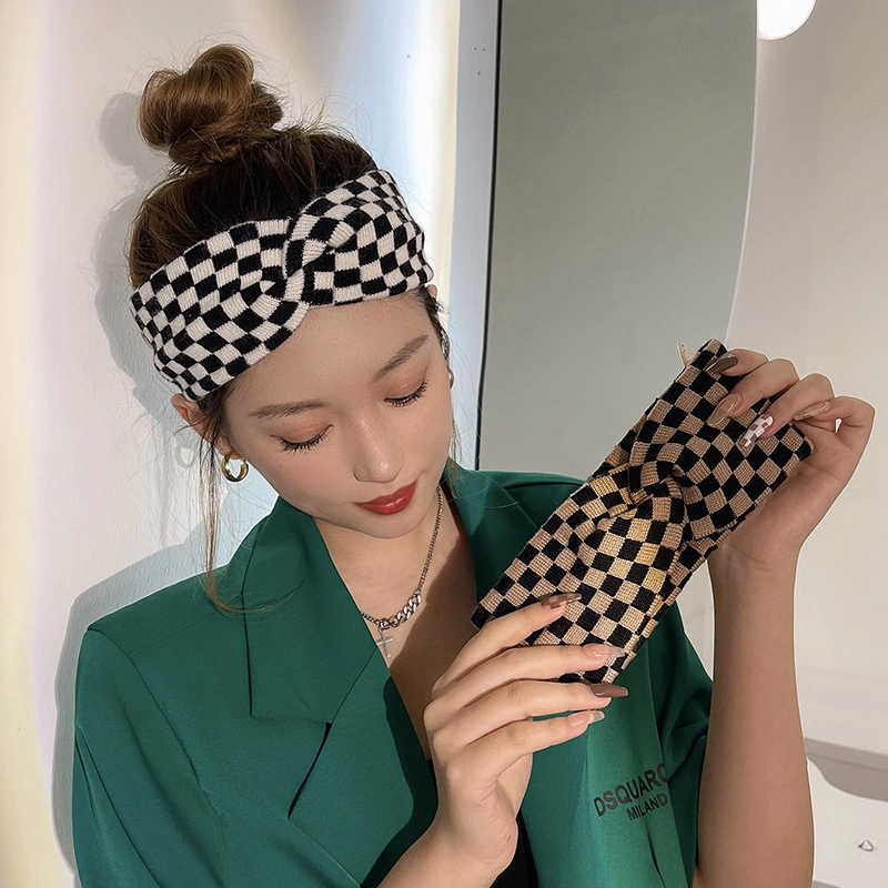 Women&prime;s Daily All-Match Go out Checkerboard Grid Elastic Headband