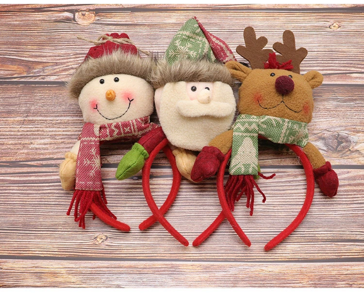 3 Styles Red Handmade Fabric Christmas Headband with Plush Elk Santa Snowman Appendant for Xmas Head Decoration