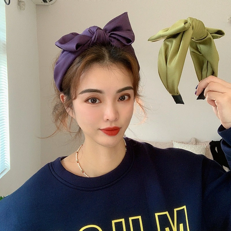 Korean Purple Satin Bow Headband Age Reduction Cute Wide Edge Headband