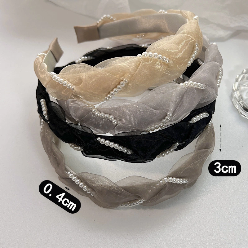 Hot Popular Sweet Mesh Chain Headband Hair Wholesale Korean Women&prime;s Organza Pearl Headbands Gently Woven Twist Hair Band