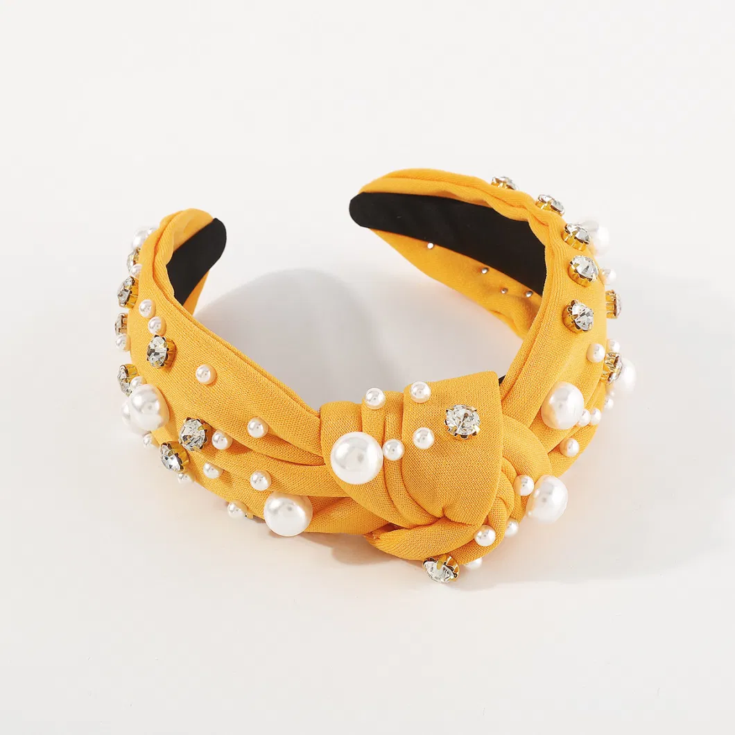 Fashionable Multicolor Knot Wide Hair Hoop Rhinestone &amp; Pearl Headband