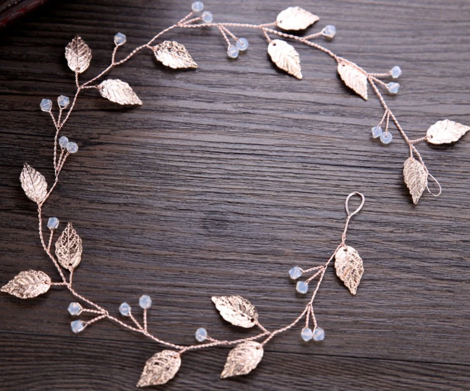 Bridal Wedding Crystal Leaf Flower Hair Vines Headband Headpiece. Rose Gold Headband for Women