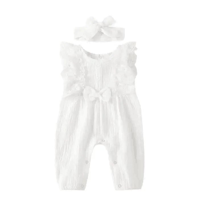 Baby Lace Muslin Romper, O-Neck Sleeveless Ruffled Button Bow, Baby Girl Bubble Romper, Headband