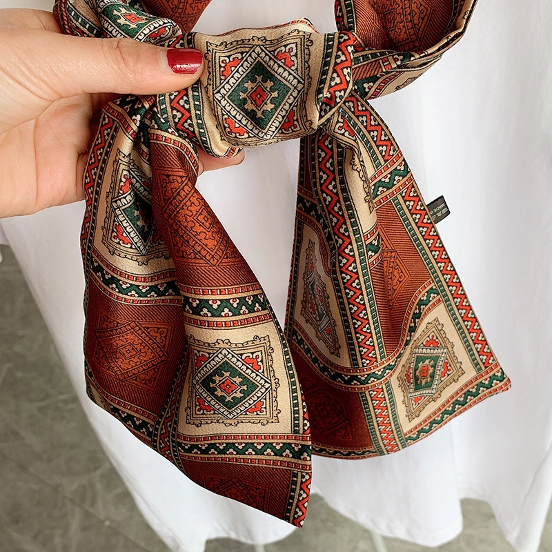 Silk Feeling Small Scarf Ethnic Boho Print Skinny Scarf Vintage Headdress Hair Band Chic Print Head Wrist Ribbons for Girls