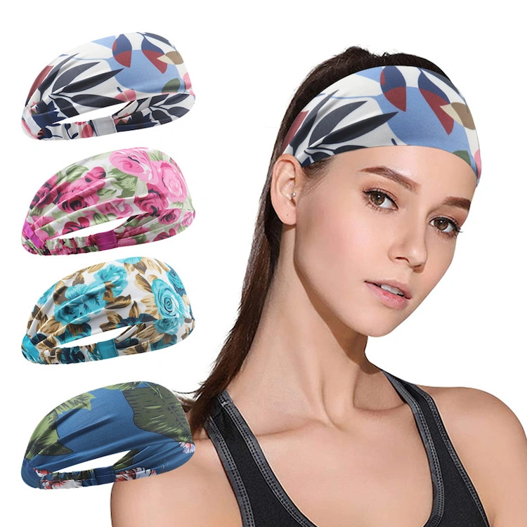 New Wide-Brimmed Gym Headband for Ladies with Printed Floral Pattern, Non-Slip Moisture Wicking Flower Hairbands Hair Accessories for Yoga Tennis Jogging Sports