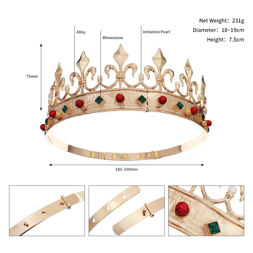 Men&prime; S Crown Hair Accessories Rhinestone Metal Large Crown Wedding Party Halloween Alloy Round Crown Headband