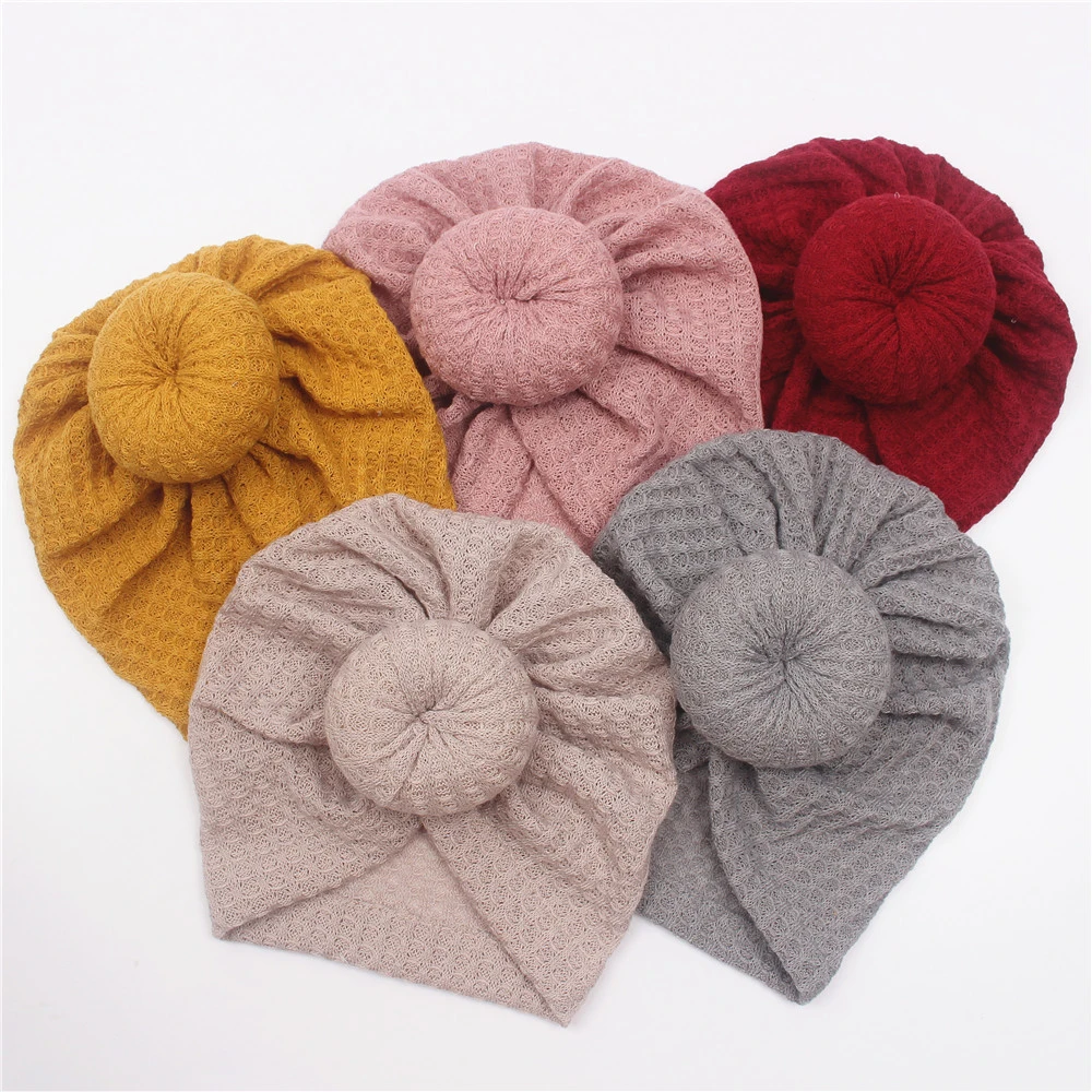 New Baby Waffle Wool Sweet Snare Head Knitted Ball Headbands for Baby