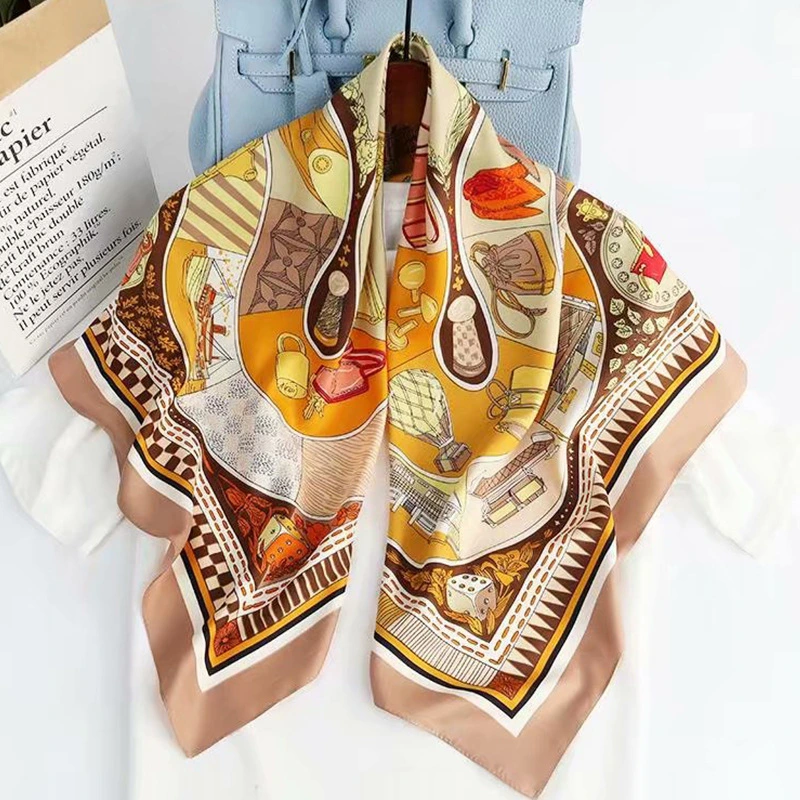 New Spring Summer Custom Design Fashion Floral Hair Band Lady Square Silk Scarf