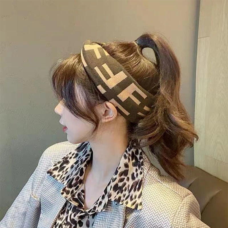 Autumn Winter New Style Classic Retro Letter Printing Hairband Fashion Corduroy Wide Knotted Headband