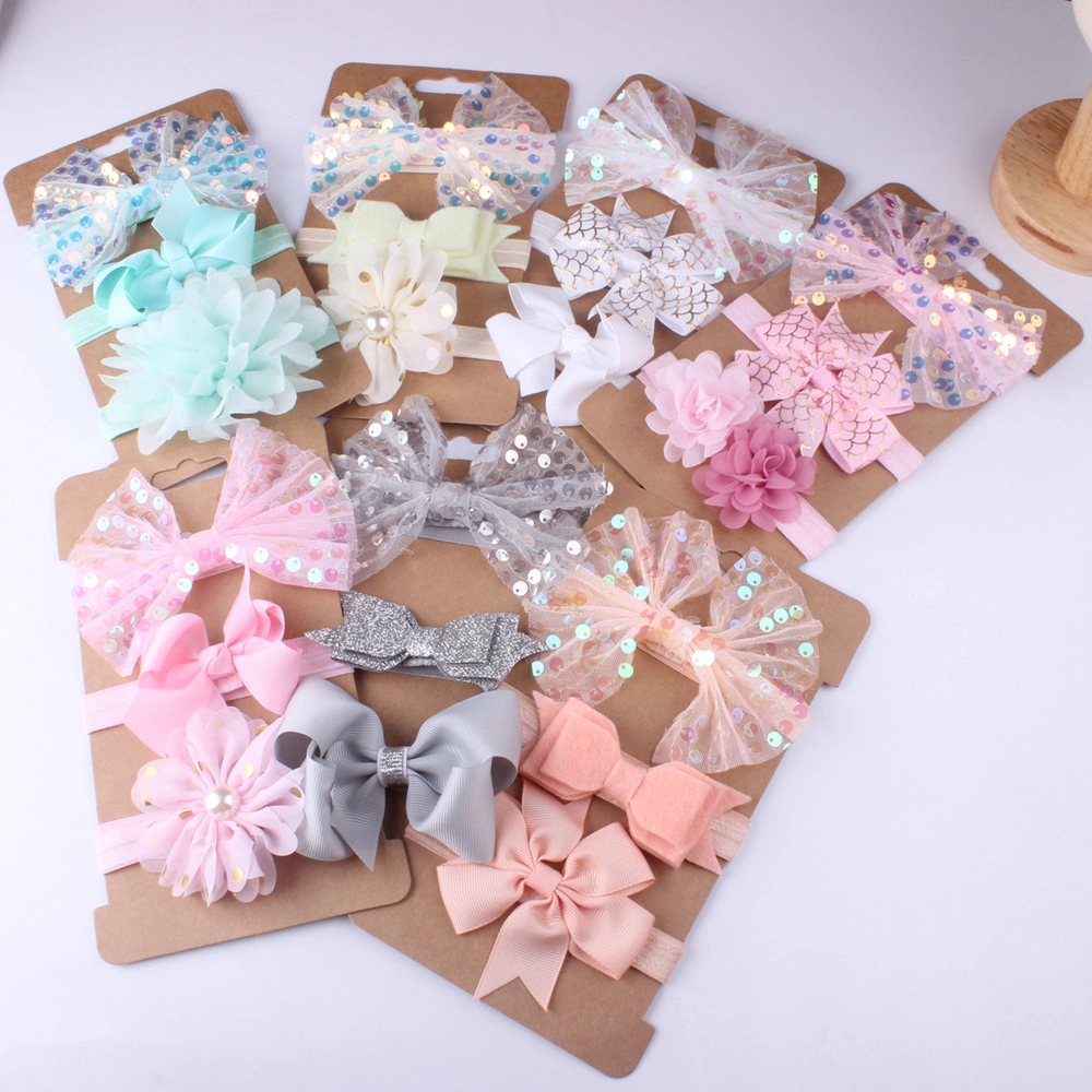 Wholesale 3PCS/Set Elastic Ribbon Bow Headbands for Baby Girls Fabric Hair Accessories Bows Turban Sequin Stretchy Rubber Band