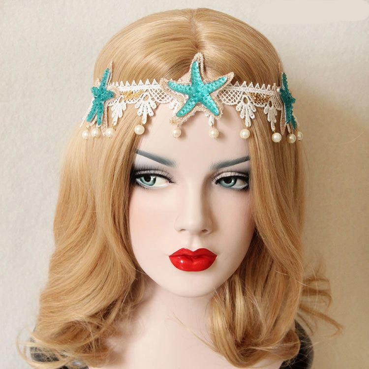 Holiday Tiara Lace Starfish Pearl Headband Christmas Wreath Forehead Front Band Ornament