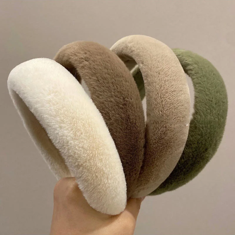 New Fashion Women Warm Hair Accessories Solid Color Thick Winter Furry Headbands