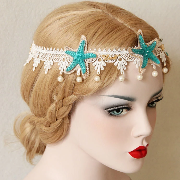 Holiday Tiara Lace Starfish Pearl Headband Christmas Wreath Forehead Front Band Ornament