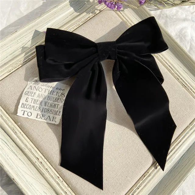 Vintage Black Big Large Velvet Bow Hair Clip Girls Wedding Long Ribbon