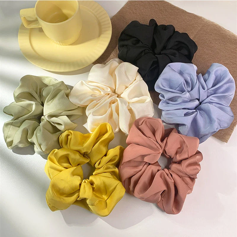 High Quality Solid Color Big Size Elastic Hair Ties Ponytail Holder Silk Satin Scrunchies Hair Band