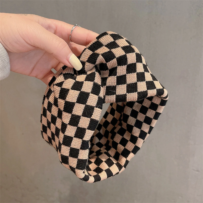 Women&prime;s Daily All-Match Go out Checkerboard Grid Elastic Headband