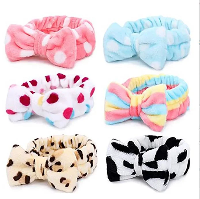 Wholesale Custom Logo Makeup Headbands Fashion Women Soft Wash Face Make up Hair Band SPA Bowknot Sequin Headband for Ladies