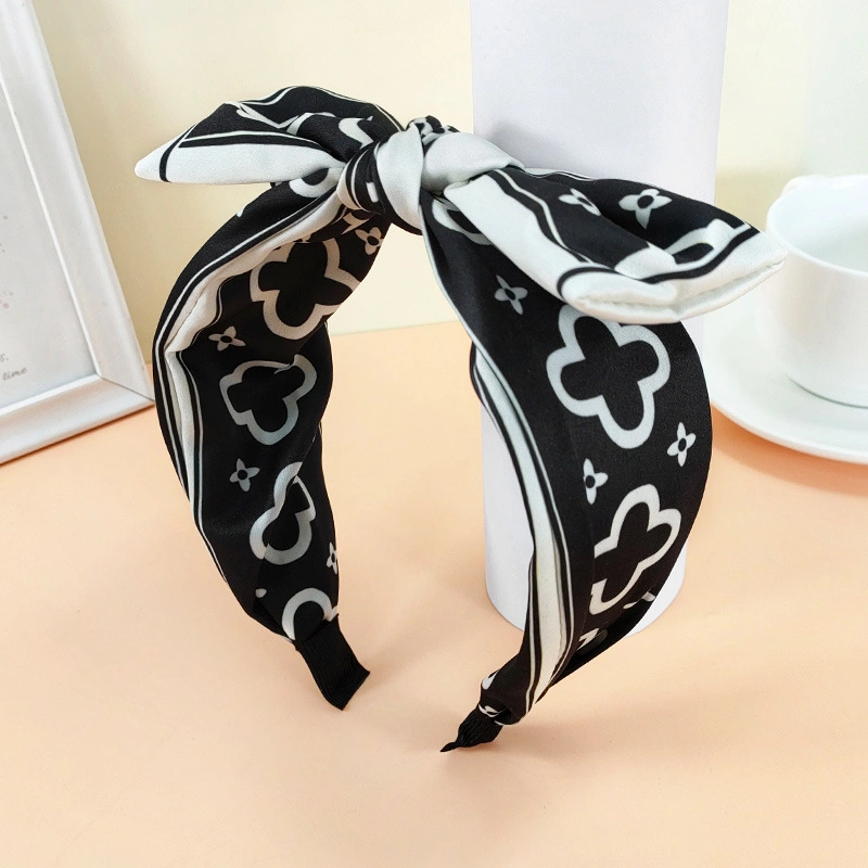 Bowknot Wide Brim Hair Hoop Rabbit Ear Print Four-Leaf Clover Headband Hair Band