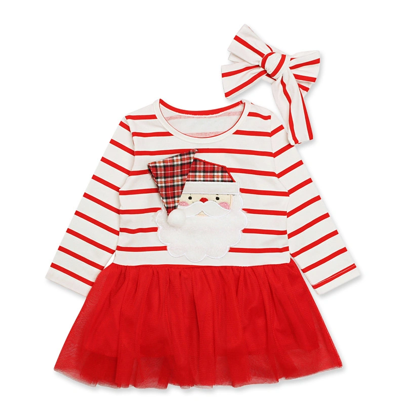 Christmas Long Sleeve Kid Baby Girl Party Princess Dress with Headbands Toddler