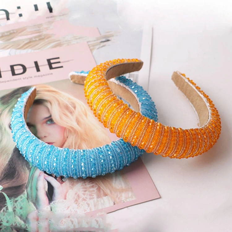 Fashion Designer Glitter Multicolor Full Rhinestone Resin Sponge Wide Headband for Women