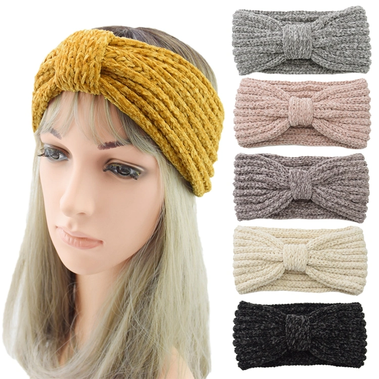 Hot Selling Crochet Bow Wide Stretch Solid Hair Band Knit Ear Warmer Headband Soft and Warm Women&prime;s Knitted Headband