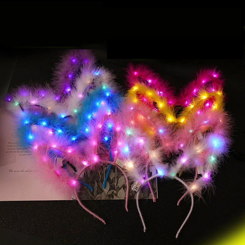 Glowing Feathered Rabbit Ears Glowing Plush Gold Wire Cat Ear Headband