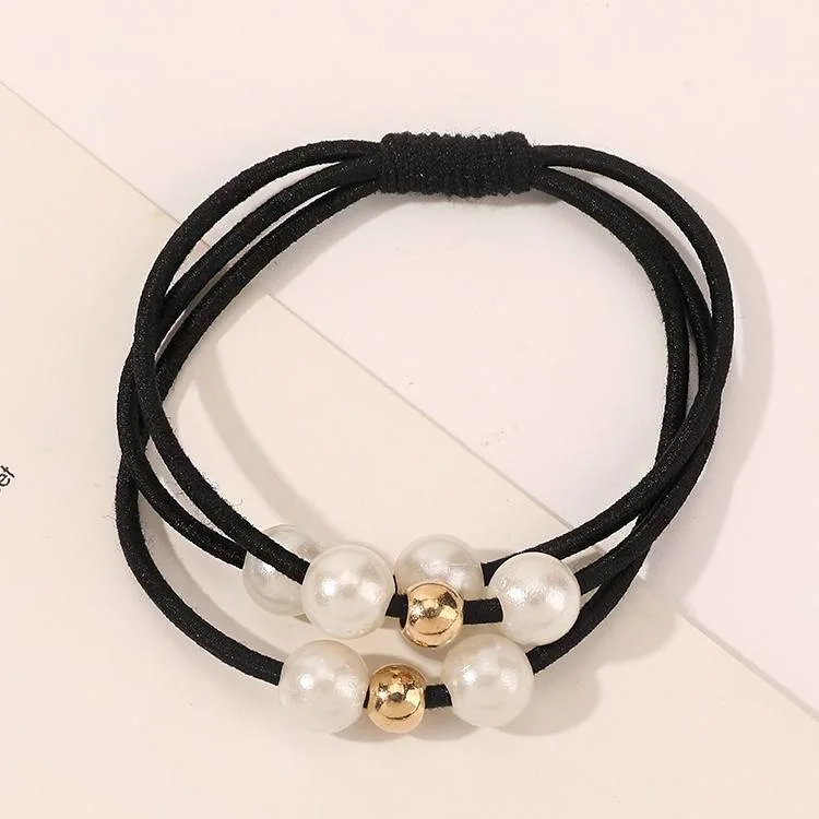 Korean Version Hair Tie Three Thread Pearl Bottomed Leather Band Hair Rope High Elasticity Hairband Hand Knotted Headband