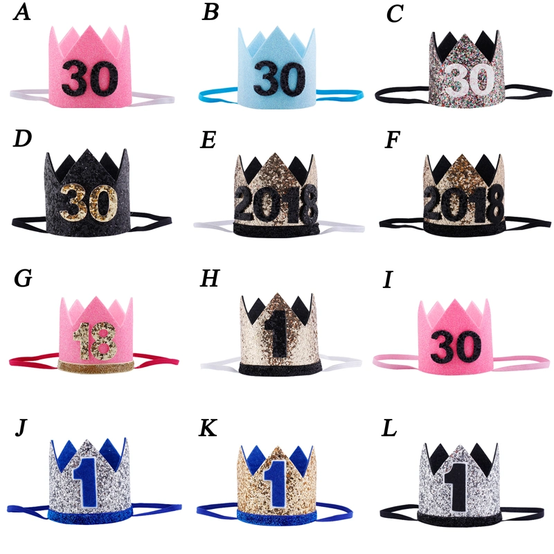 Kids New Year 1st Birthday Hat Baby Birthday Party Cap Girl Boys Pink Blue Flowers Princess Crown Adult Headband Hairwear