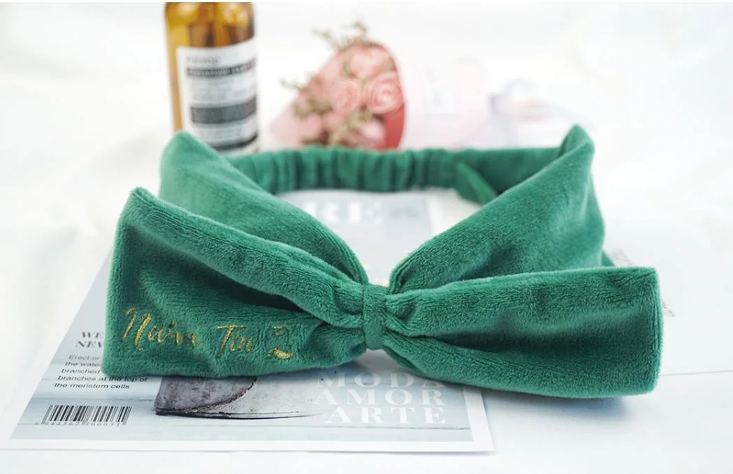 Promotional Fashion High Quality Embroidery Bowknot Soft Velvet Green Headband