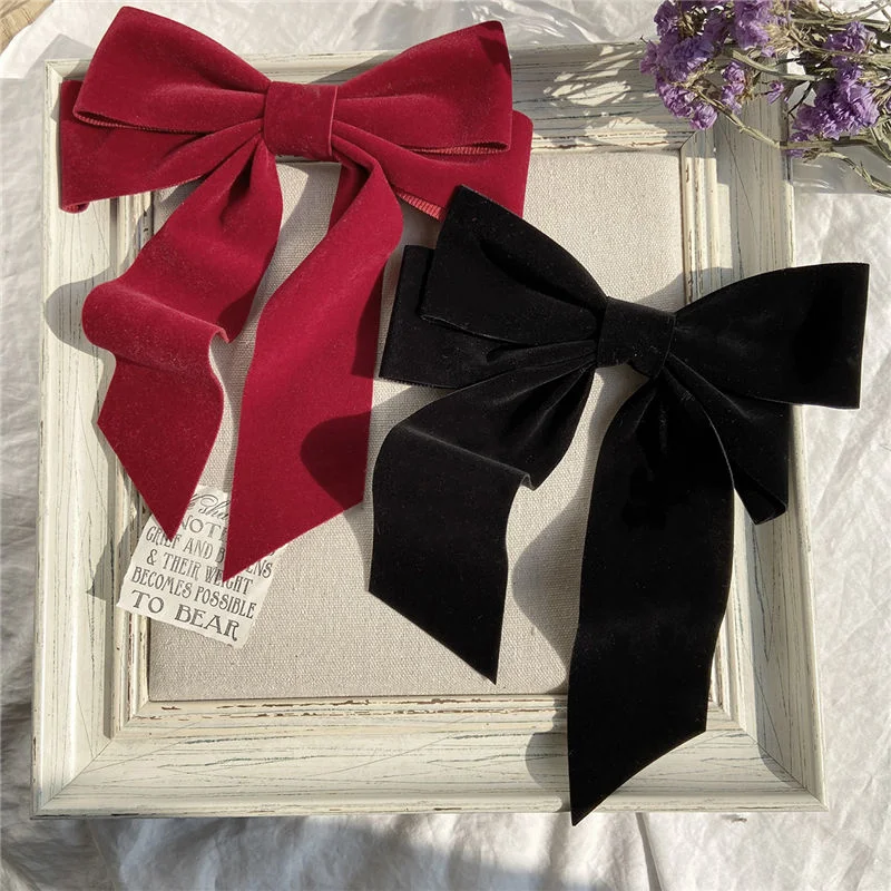 Vintage Black Big Large Velvet Bow Hair Clip Girls Wedding Long Ribbon