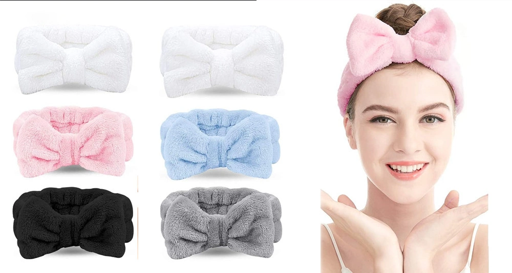 Custom Logo Women Cute Bow Fluffy Coral Fleece Velvet Elastic SPA Yoga Skincare Facial Makeup Headband Diademas Maquillaje