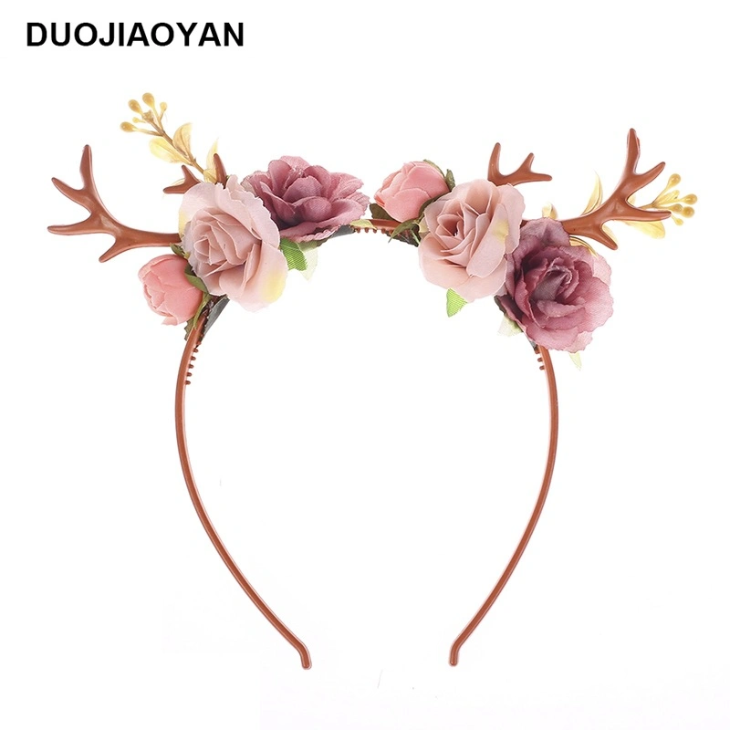 Creative New Personalized Small Deer Antlers Hair Band with Rose Flowers Christmas Animal Hair Accessories Headband Moose Hair Band