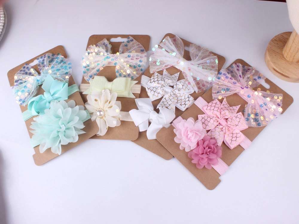 Wholesale 3PCS/Set Elastic Ribbon Bow Headbands for Baby Girls Fabric Hair Accessories Bows Turban Sequin Stretchy Rubber Band