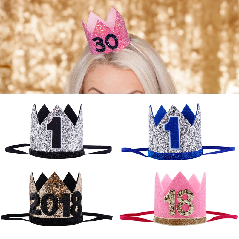 Kids New Year 1st Birthday Hat Baby Birthday Party Cap Girl Boys Pink Blue Flowers Princess Crown Adult Headband Hairwear