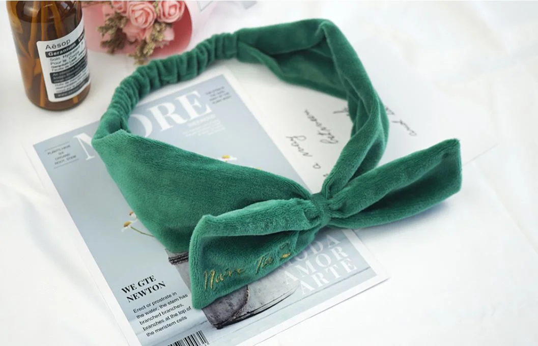 Promotional Fashion High Quality Embroidery Bowknot Soft Velvet Green Headband