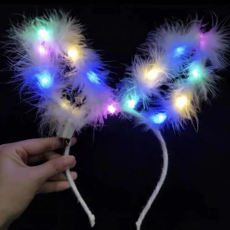 Glowing Feathered Rabbit Ears Glowing Plush Gold Wire Cat Ear Headband