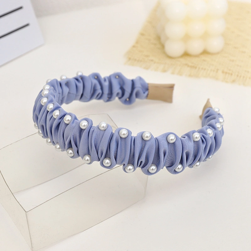 Wholesale Fashion Handmade Solid Color Wrinkled Satin Fabric Hairband Women Pearl Headband Hair Accessories for Girls