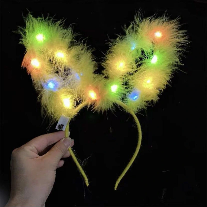 Glowing Feathered Rabbit Ears Glowing Plush Gold Wire Cat Ear Headband