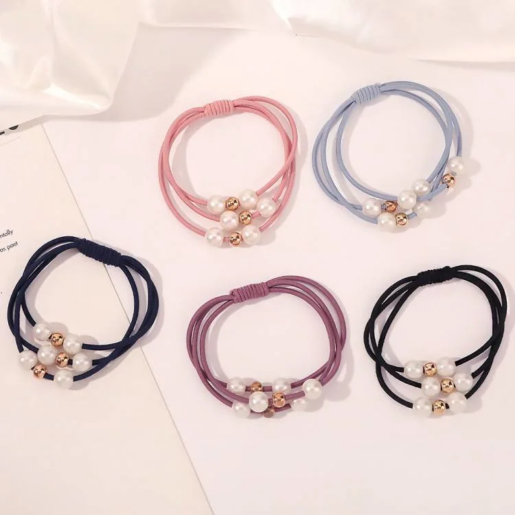 Korean Version Hair Tie Three Thread Pearl Bottomed Leather Band Hair Rope High Elasticity Hairband Hand Knotted Headband