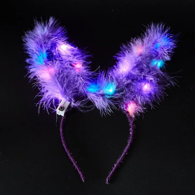 Glowing Feathered Rabbit Ears Glowing Plush Gold Wire Cat Ear Headband