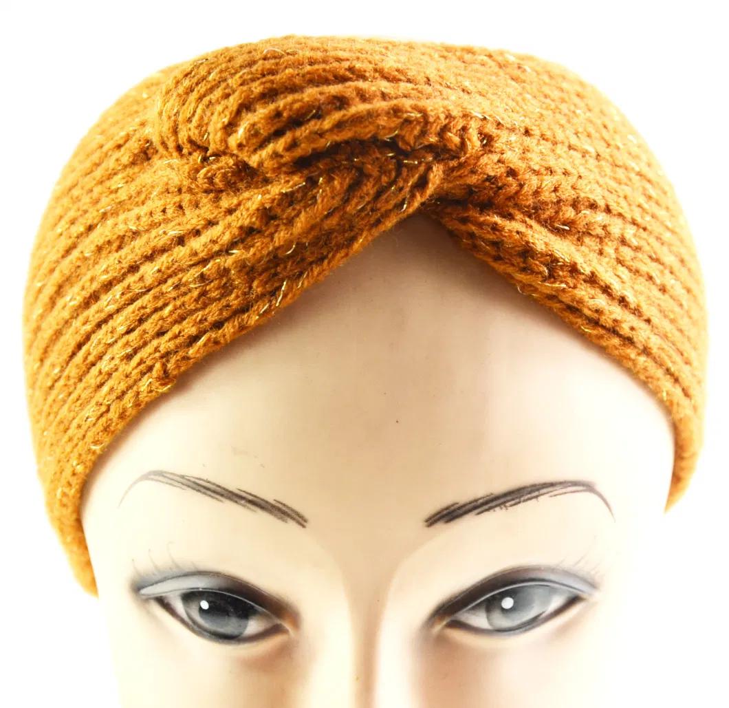 Gold Metallic Acrylic Mixed Yarns Ribbed Knit Ladies Winter Headbands